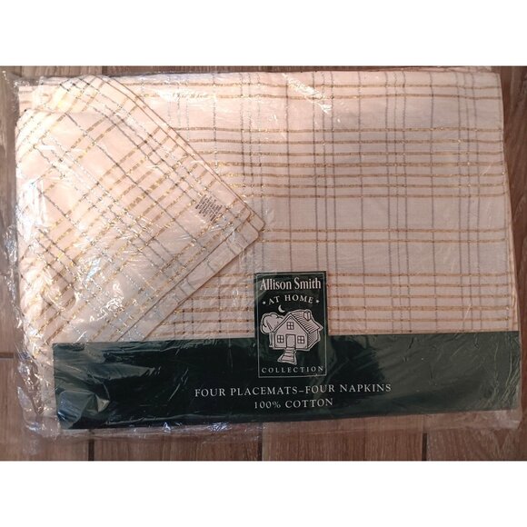 Vintage Allison Smith at Home 4 Placemat & Napkin Set, Gold & Silver Plaid Chris - Picture 1 of 4